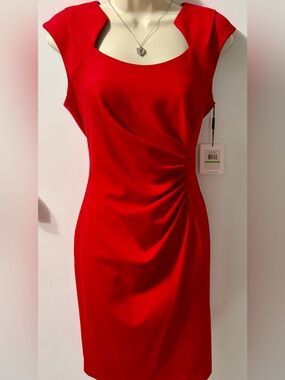 Calvin Klein Red Midi Sheath Dress with Side Ruching
